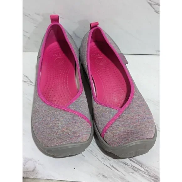 Crocs Women's Heather Gray Fabric Hot Pink Trim Slip-On Ballet Flat Shoes Size 8 - Picture 9 of 9